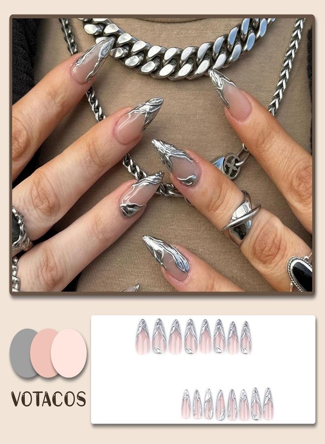 VOTACOS Press on Nails Long Almond Fake Nails with Silver Swirl Designs Full Cover False Nail Glossy Stick on Nail for Women - Image 2